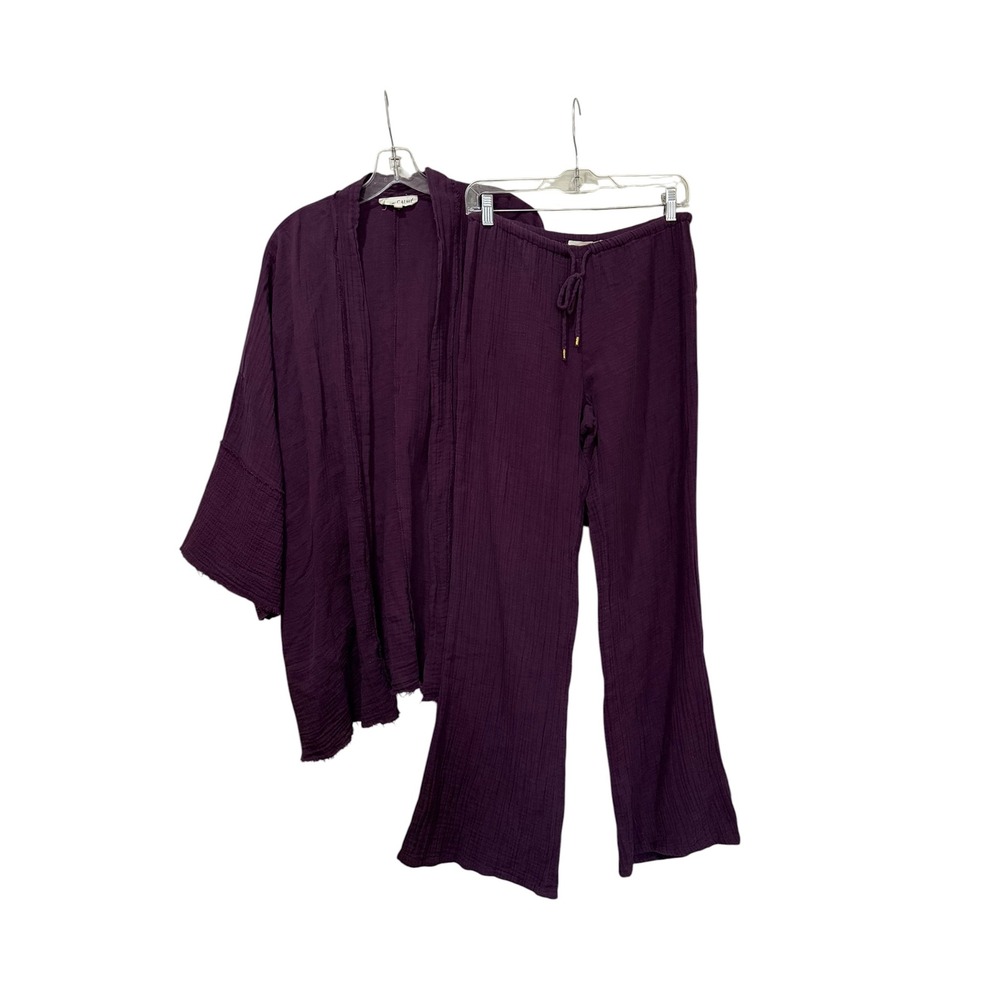 Johnny Was Calme Cotton Gauze Kimono Cardigan and Wide Leg Pants Set Purple XS/S